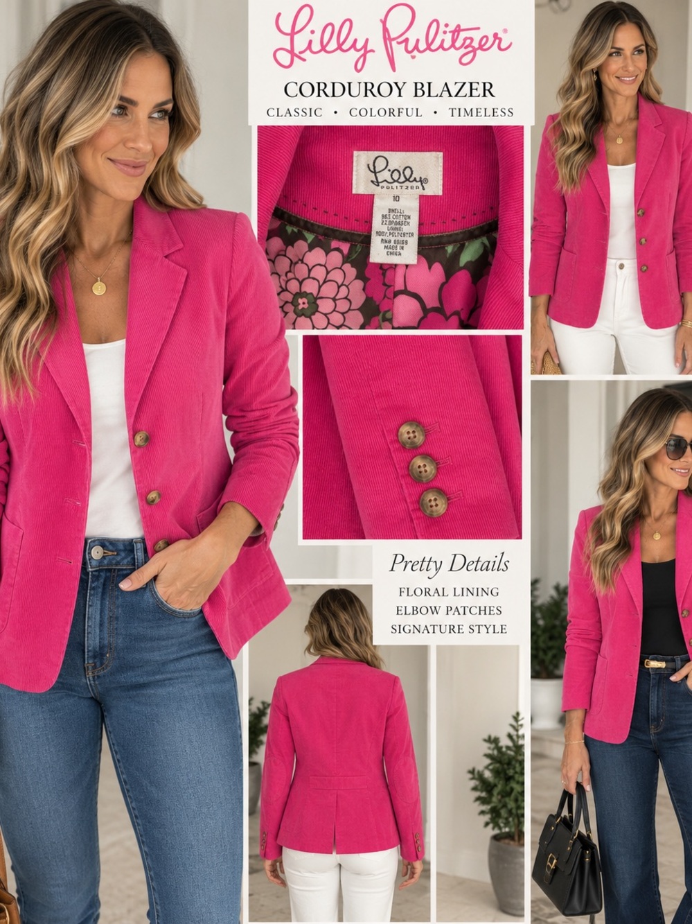 Lilly Pulitzer Pink Corduroy Blazer Floral Lined Jacket Size 10